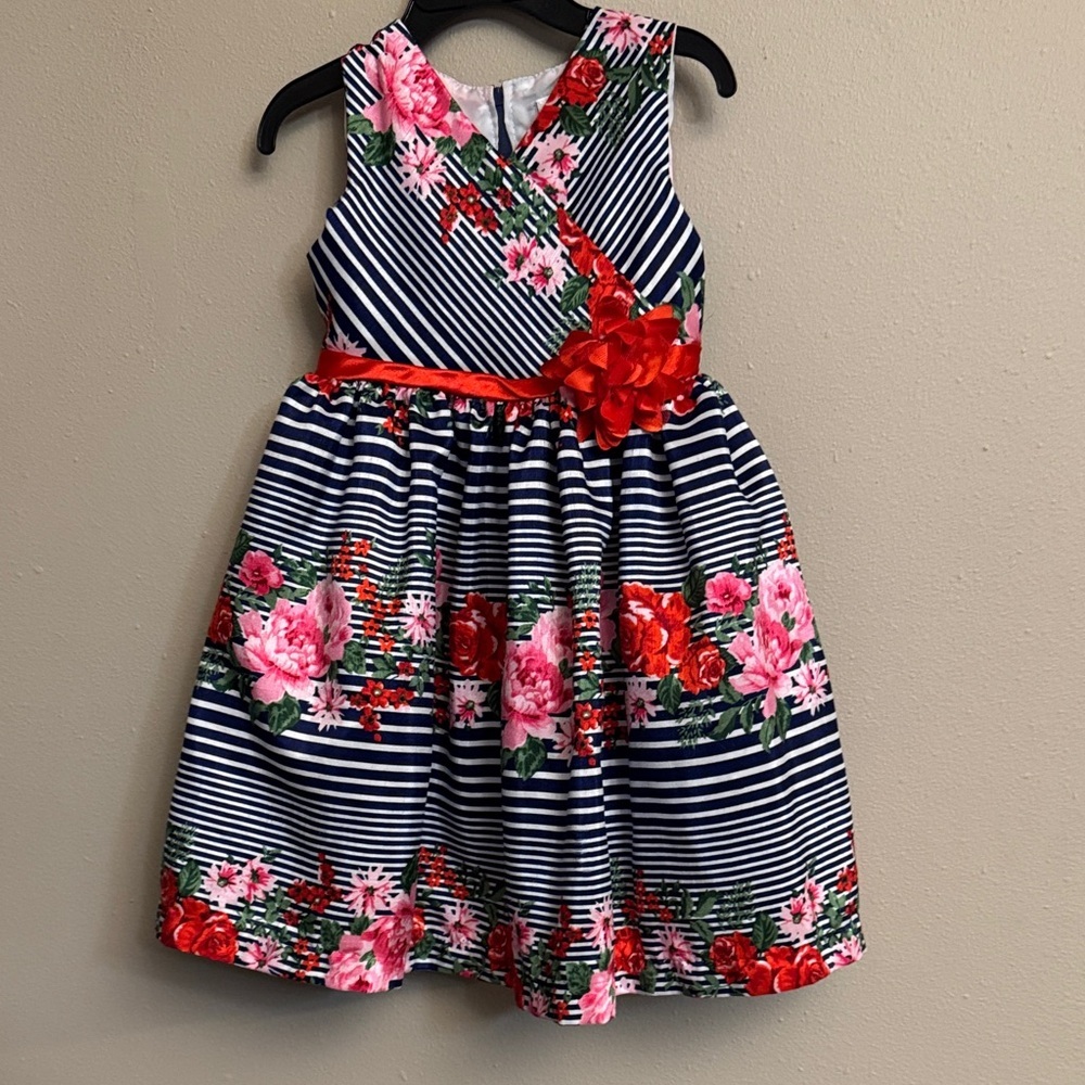 Nannette Navy and Pink Floral Striped Dress